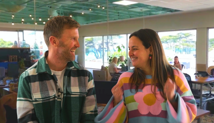 Matty and Kerstin smiling inside Happy Spaces, a bright and community-focused coworking space on the Surf Coast.
