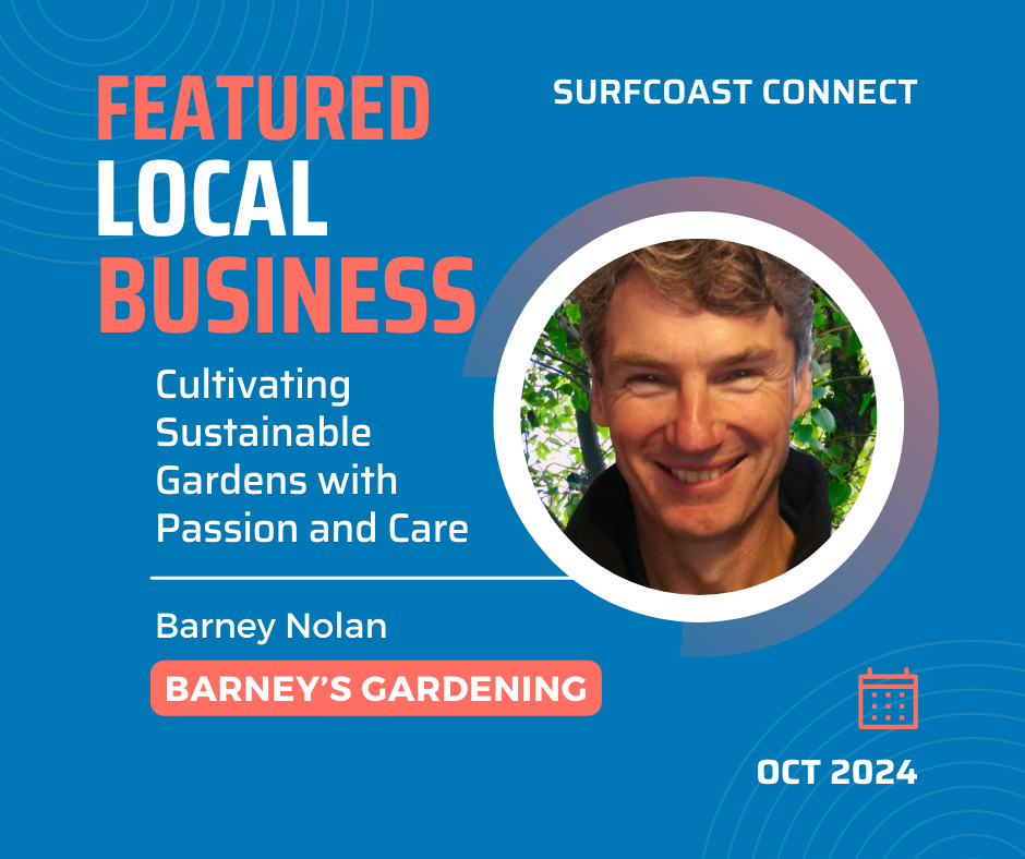 Coming soon profile card for Barney’s Gardening in the Featured Businesses section on Surfcoast Connect.