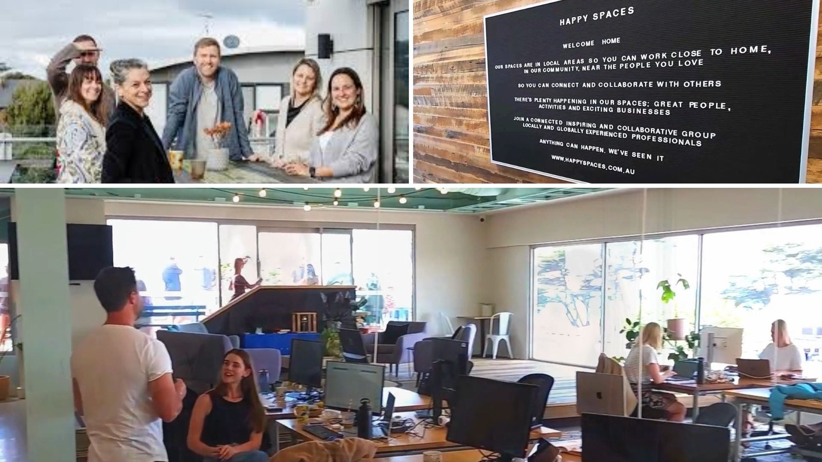 Collage showing the community focus at Happy Spaces Coworking Space Torquay: members smiling together, a 'Welcome Home' sign about connection, and people working and interacting in the shared space.