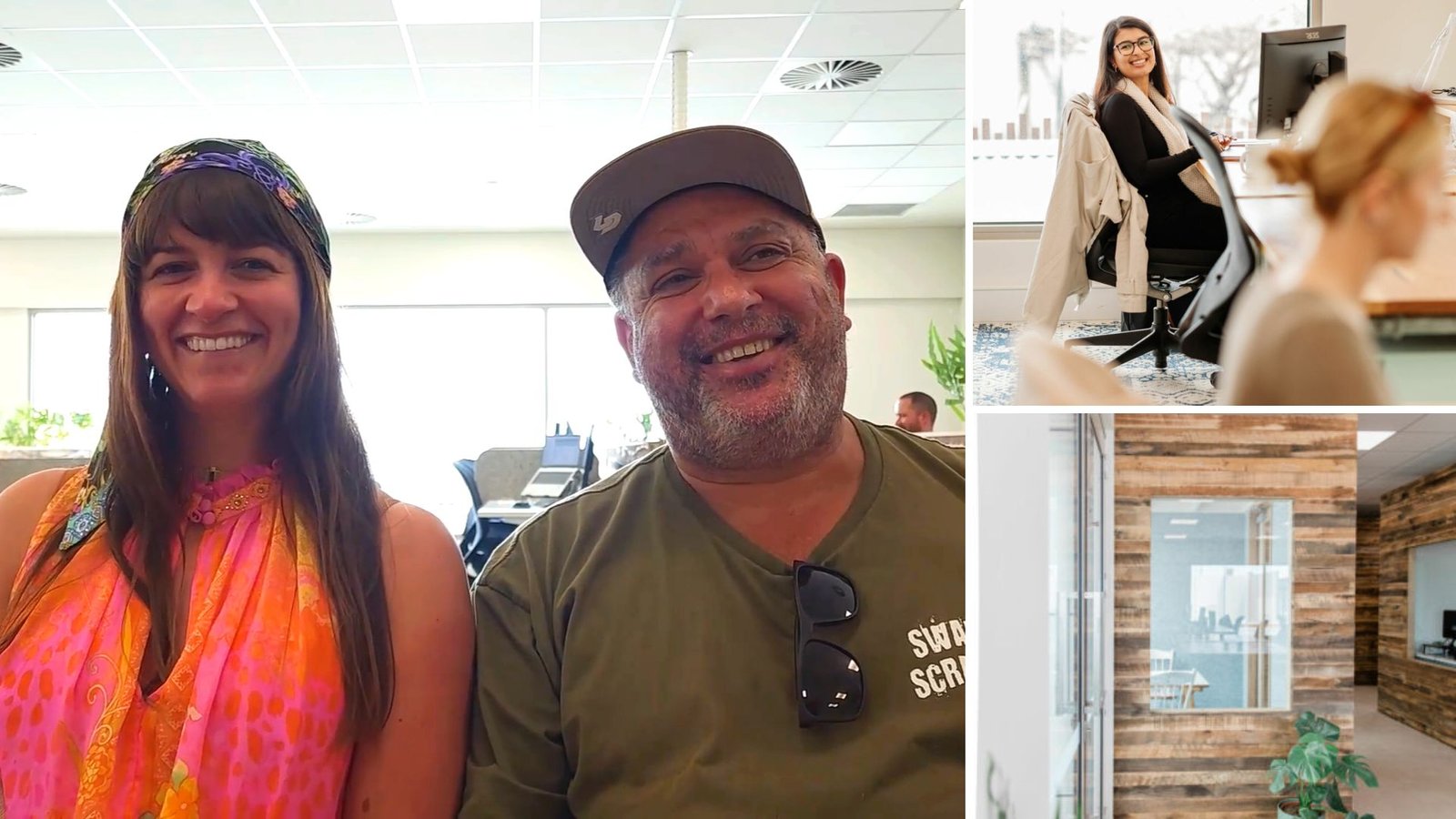 Collage featuring Happy Spaces members Matt and Simone smiling, another member working at a desk, and a private office interior, illustrating the people enjoying the spaces at this Coworking Space Torquay.