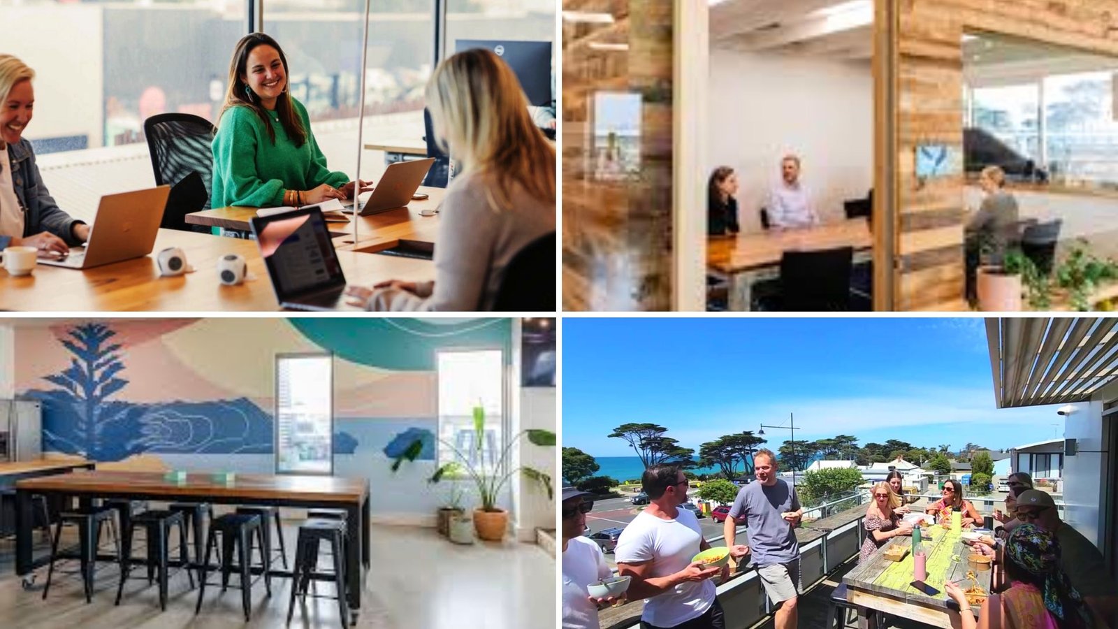 Collage showing productive and positive environments at Happy Spaces Coworking Space Torquay: team meetings, private rooms, communal space with art, and members socialising on the balcony.