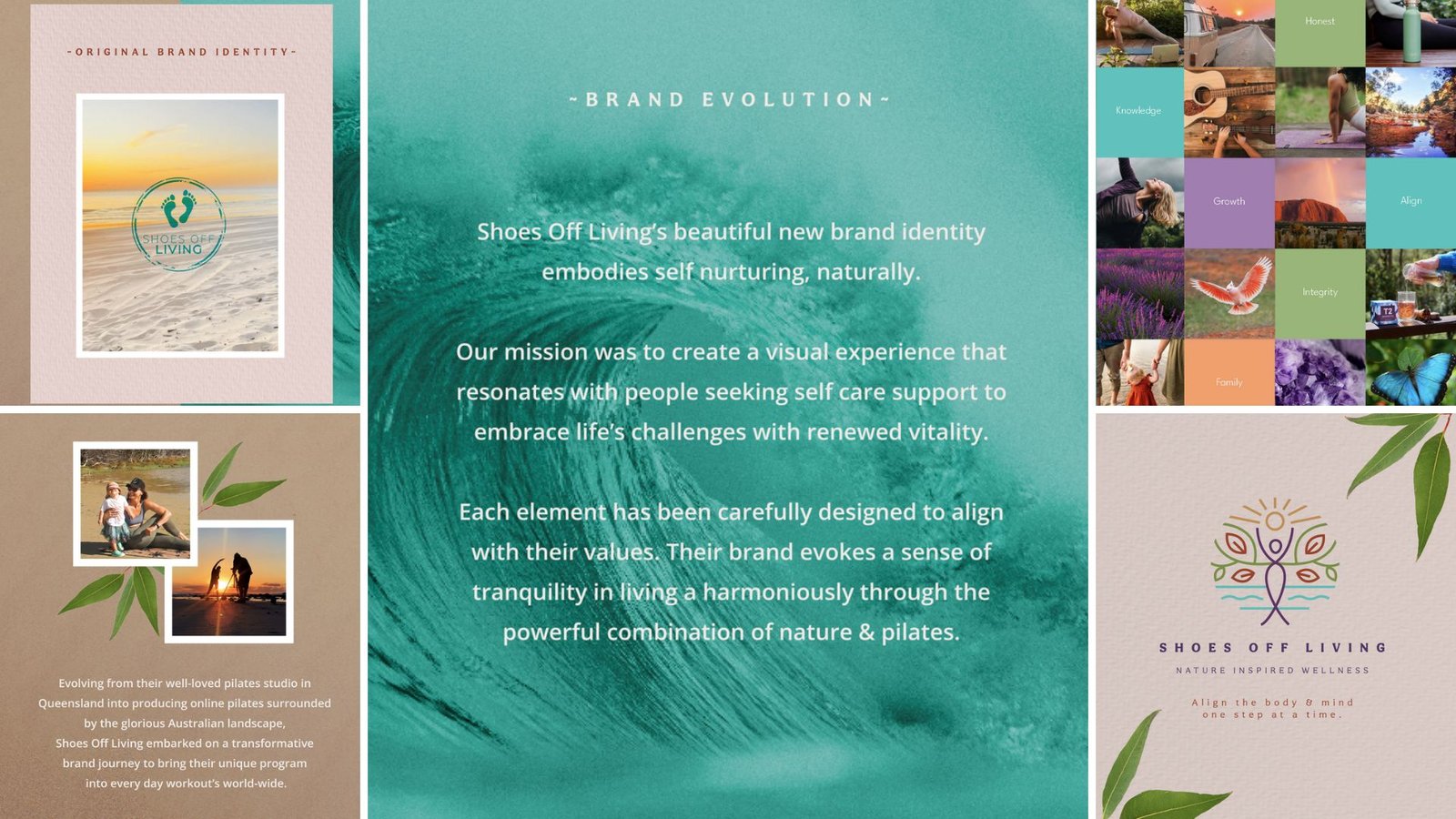 Example of brand evolution for Shoes Off Living: shows mood board images (nature, wellness), logo, descriptive text about aligning values, and visual identity elements designed by Brand New Day Studio.