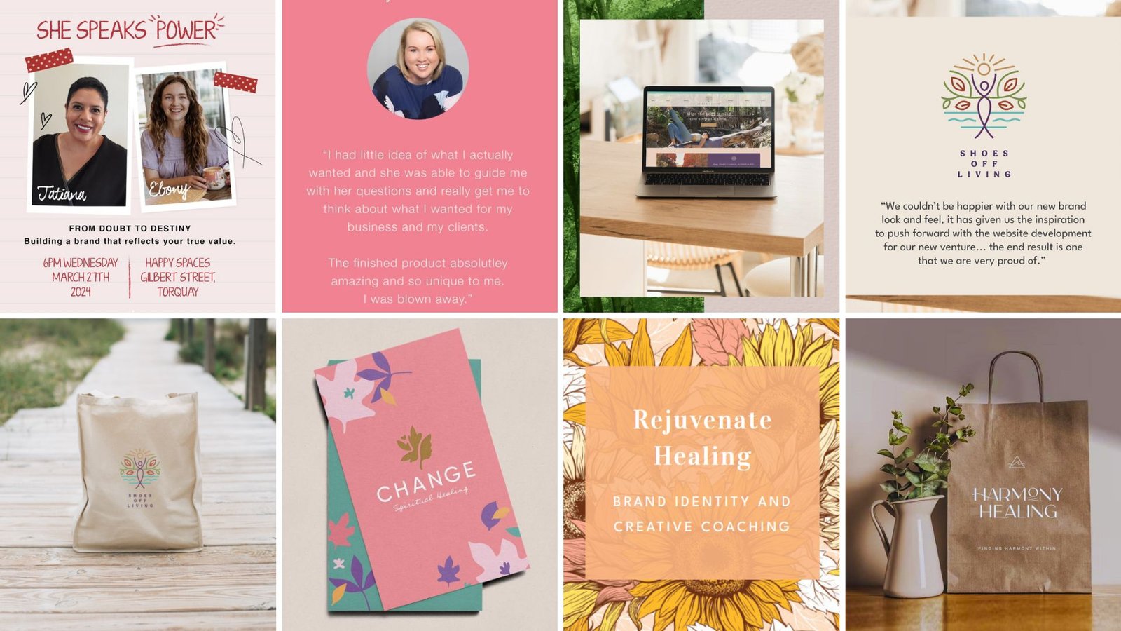 Grid displaying brand identity elements for Clarity Spiritual Counselling: phone mockup, font examples, colour palette swatches, and photography direction mood board concepts.