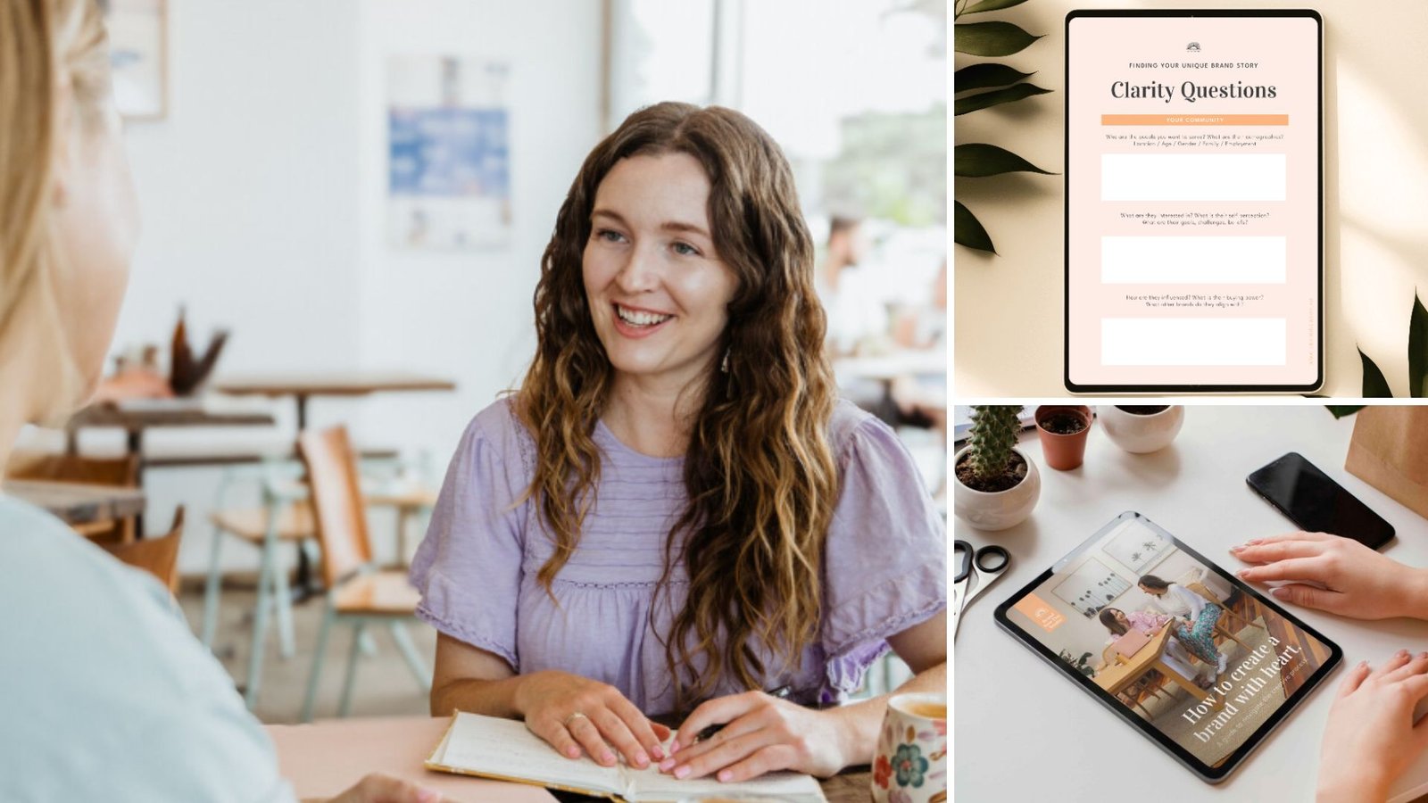 Ebony Sugars in a brand discovery meeting, smiling across a table with notebook open, next to mockups showing brand clarity questions on a document and strategy visuals on a tablet.