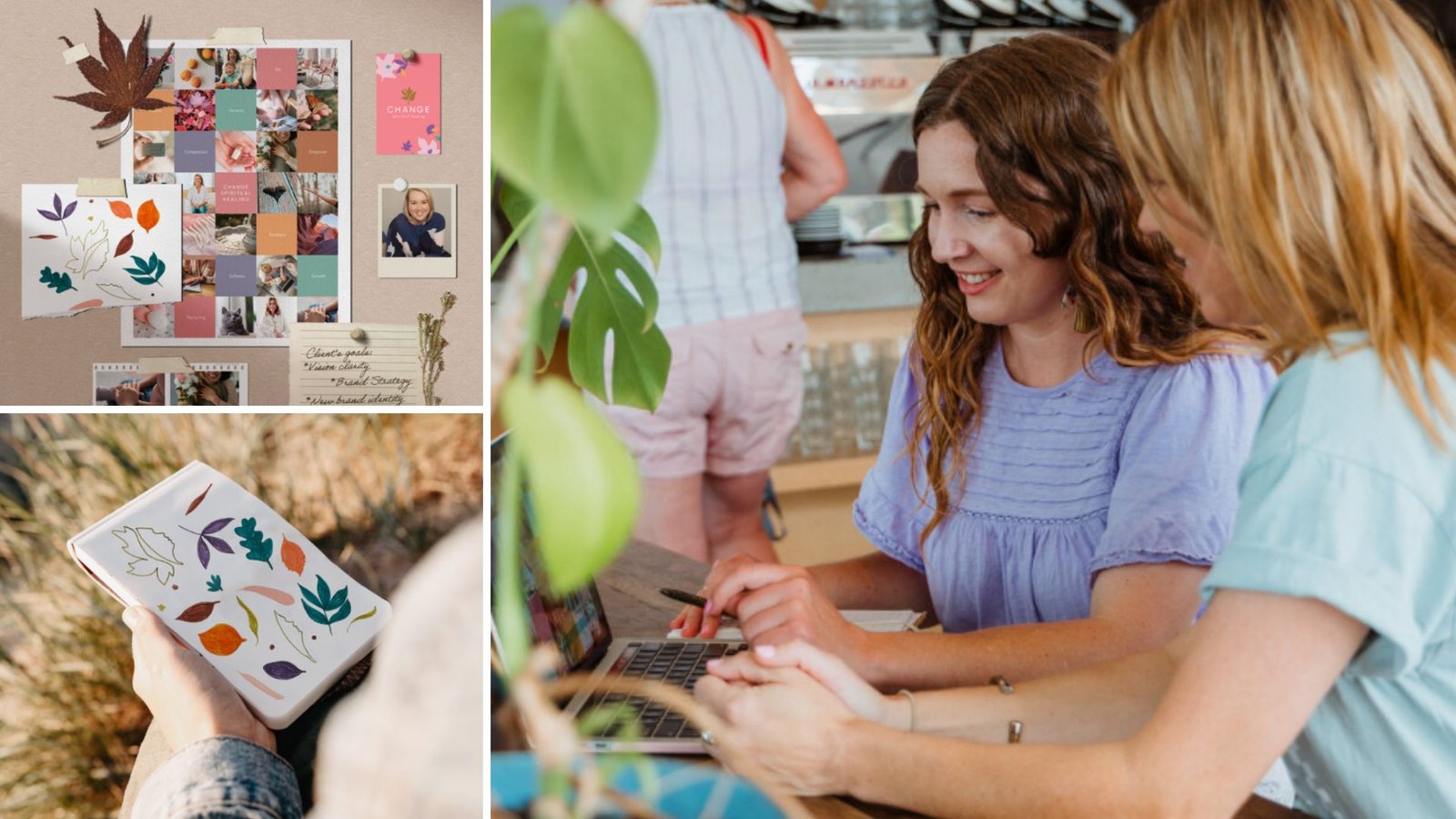 Collage showing brand discovery elements: Ebony collaborating with a client on a laptop, a creative mood board with images and colour swatches, and hands holding a sketch pad with leaf-patterned graphics.