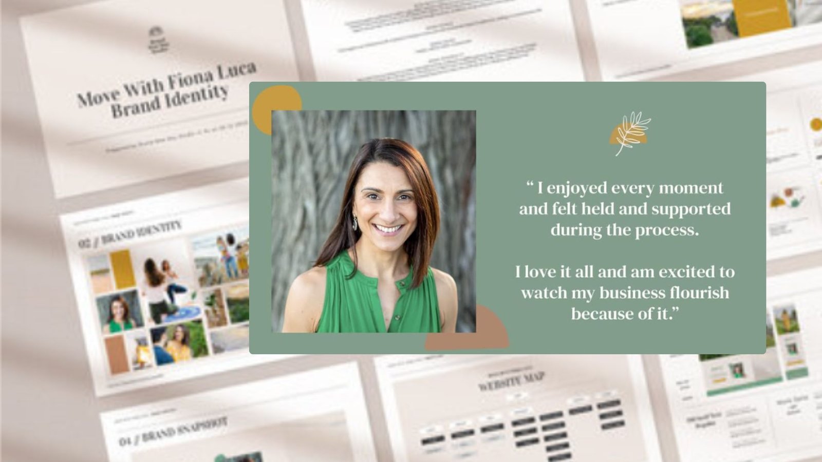 Portrait of Fiona Luca next to her testimonial quote praising Brand New Day Studio, overlaying examples of brand identity documents including mood boards and website map.