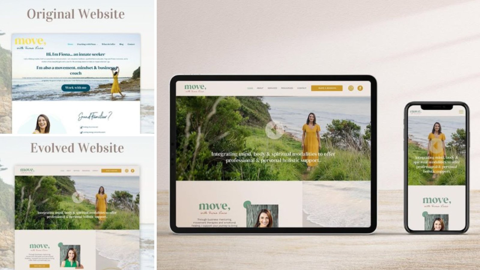 Comparison of Fiona Luca's website before and after Brand New Day Studio's work, showing old design snippets vs new design mockups on tablet and phone screens.