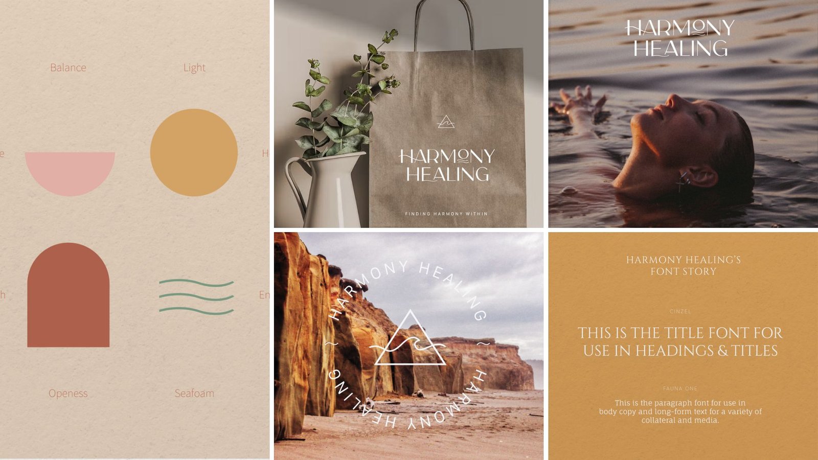 Grid displaying Harmony Healing brand elements: colour palette shapes, branded bag mockup, coastal and wellness images, and font examples designed by Brand New Day Studio.