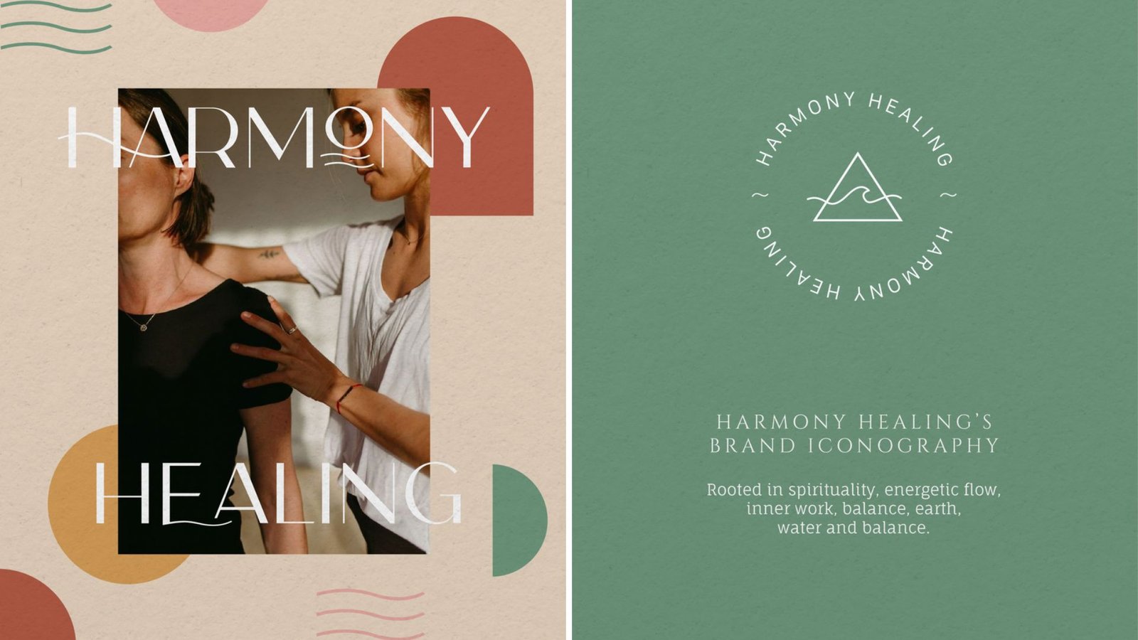Harmony Healing branding details: Large atmospheric image of hands connecting, next to the Harmony Healing logo/iconography with descriptive text about its spiritual meaning.