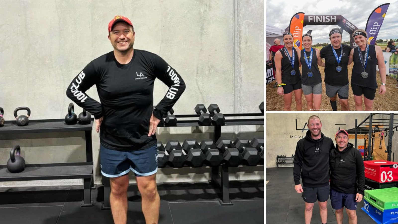 Collage for Ben's LA Movement story: Ben smiling in the Torquay gym, members with medals after a team event, and Ben with a fellow member, showcasing camaraderie and achievement.