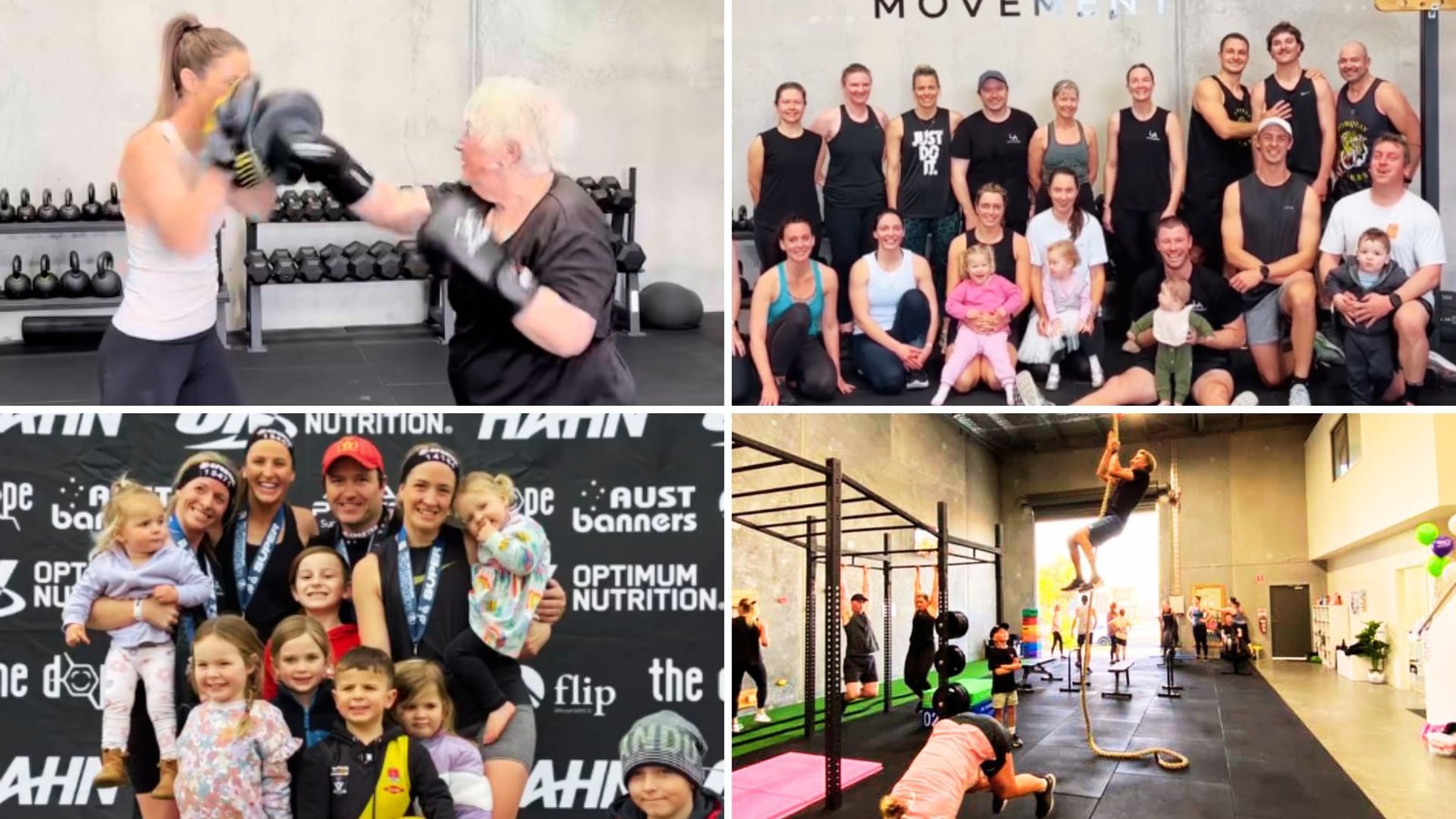 Collage depicting various activities at LA Movement Torquay: Larn Anderson in a boxing session, members and children in group photos, and people enjoying ninja obstacle training, showcasing their vibrant fitness community.