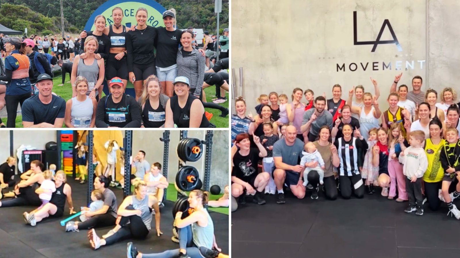 Collage illustrating LA Movement's family-friendly Group Fitness Torquay, with scenes of members in a fun run, a large diverse group photo, and a post-class stretch with kids present.