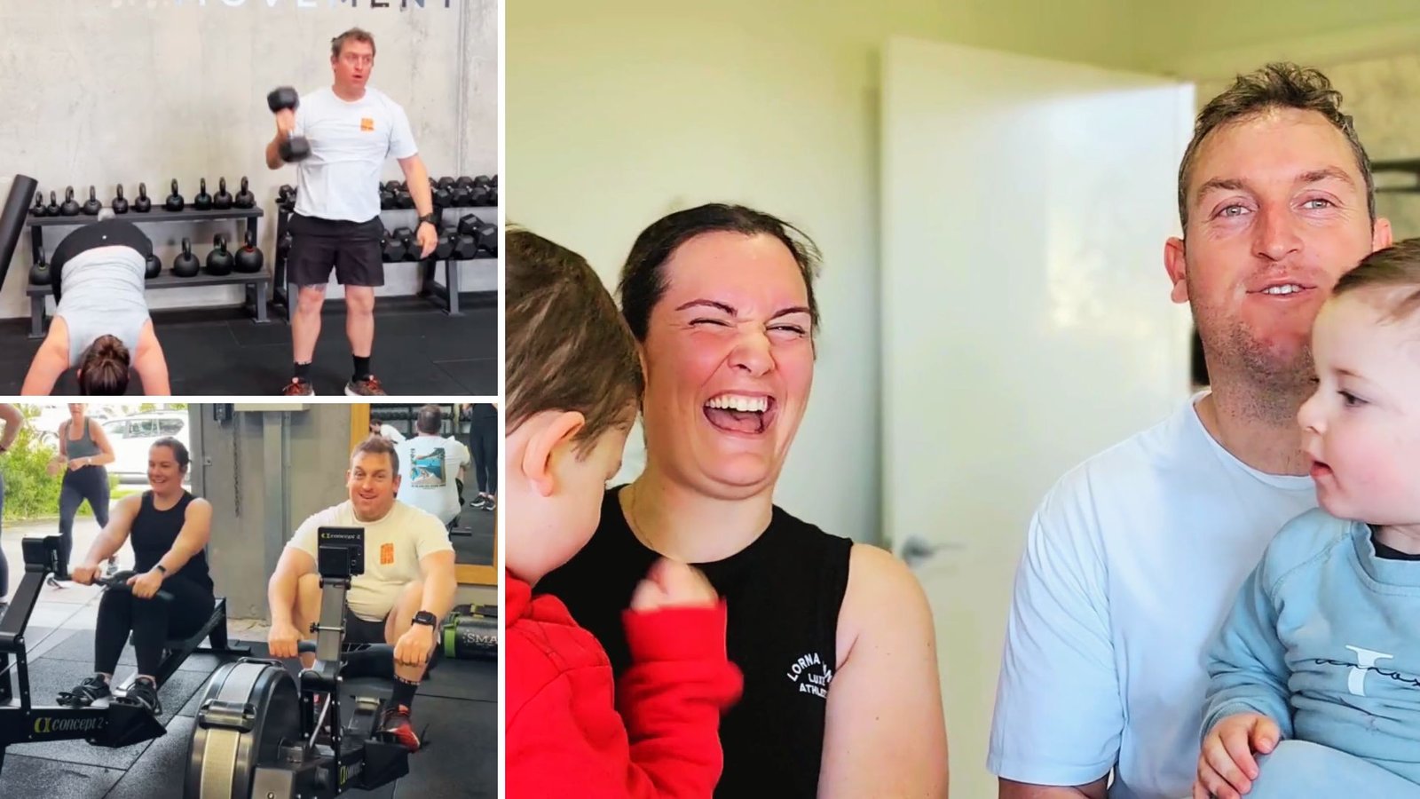 Collage depicting Jimmy and Chelsea's family fitness journey at LA Movement Torquay: the couple exercising, and a joyful photo of them with their young children at home, enjoying their active lifestyle.