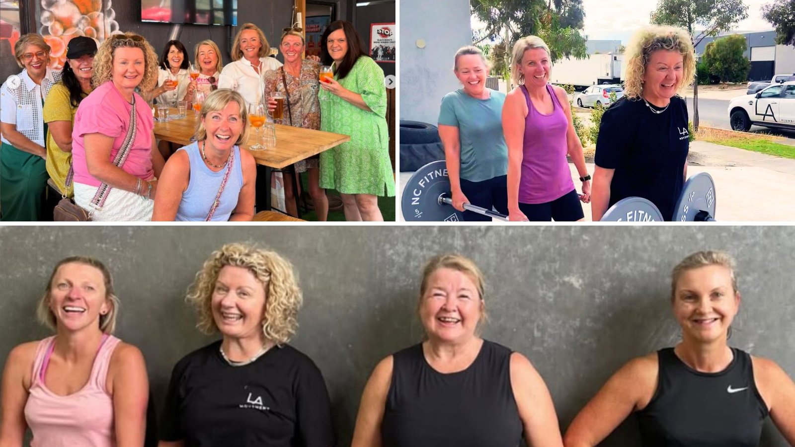 Collage for Maree's LA Movement story: senior members enjoying social time, women in an outdoor fitness activity, and a group of smiling female members, showcasing a decade of connection.