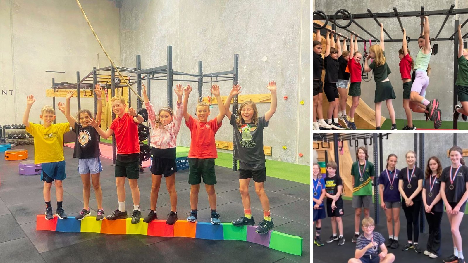 Collage highlighting success and fun in LA Movement's Ninja Kids classes, Torquay: children cheering, teens on obstacle bars, and a group showing off achievement medals.