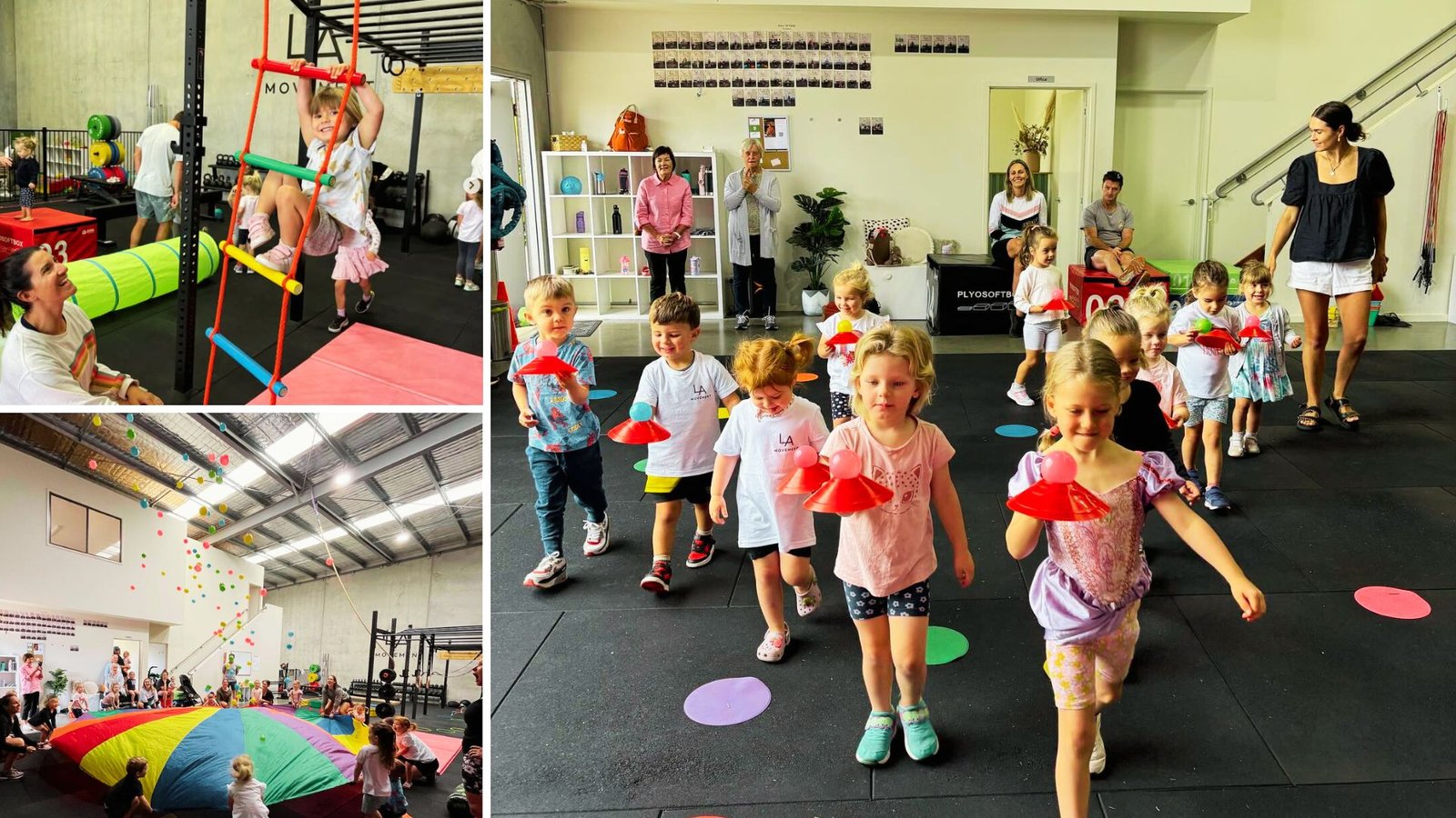 Collage of LA Movement's Ninja Kids program in Torquay, featuring young children climbing, doing a group activity, and playing with a parachute, highlighting fun fitness for kids in Torquay.