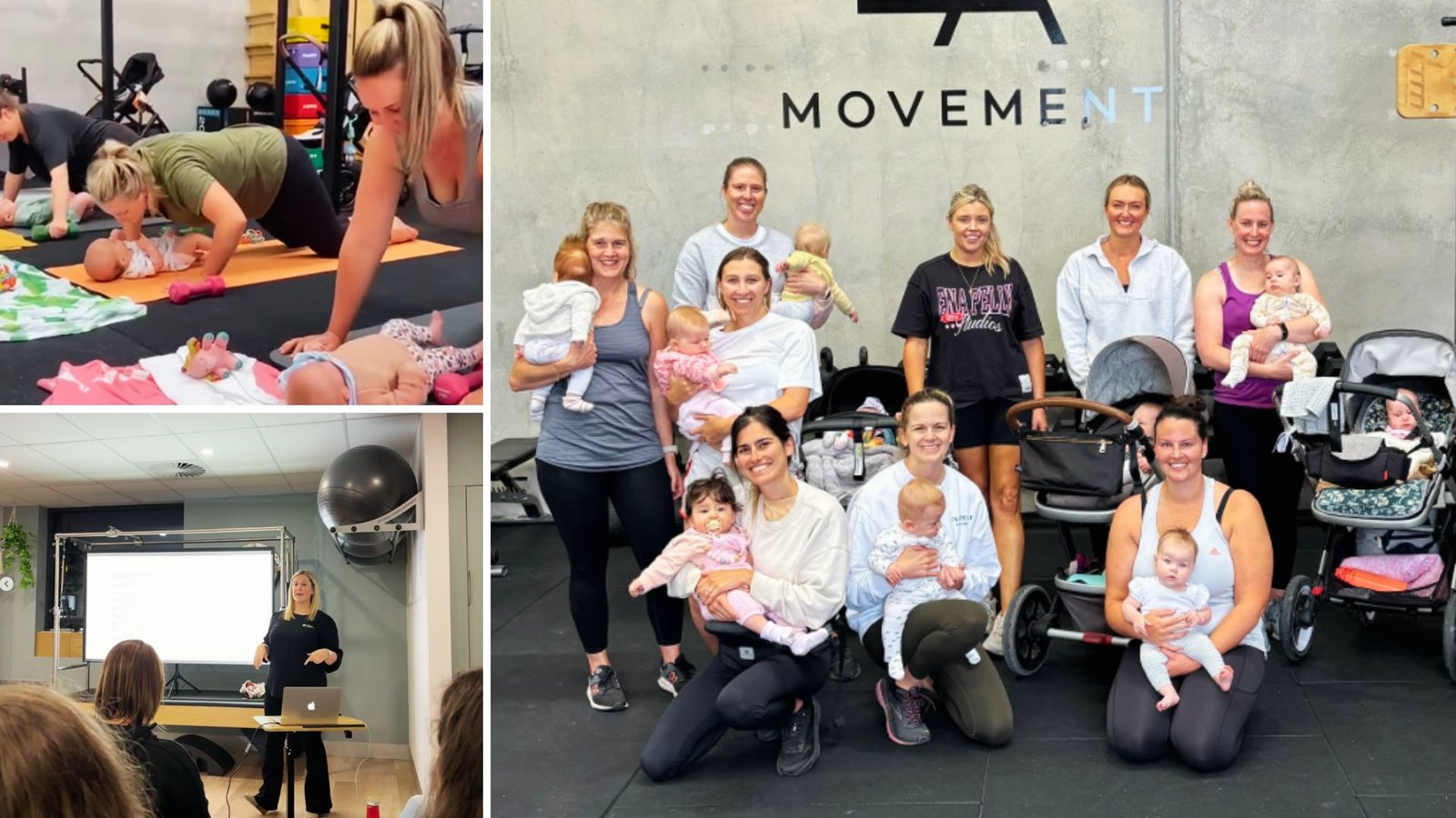 Lower landscape collage showing holistic support in LA Movement's Torquay Pre & Postnatal fitness: a mother bonding with her baby during class, a physio leading a mums' group discussion, and smiling mothers with infants, all part of their fitness journey.