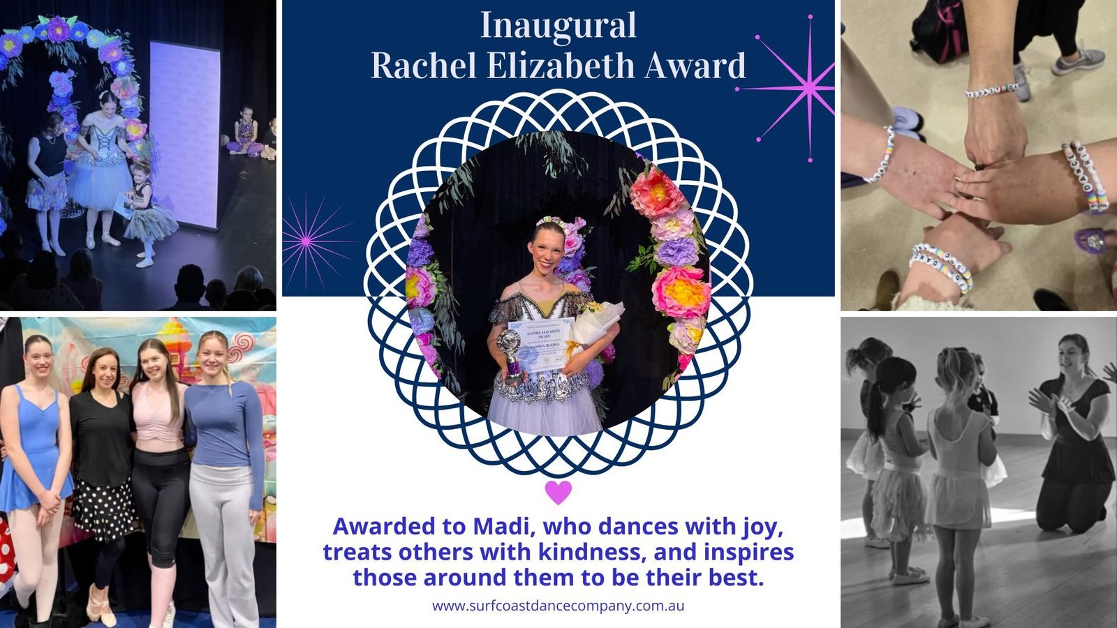 Surfcoast Dance Company's community focus in Torquay: "Rachel Elizabeth Award" presentation, students interacting in a group circle, a class doing floor work, and young dancers smiling.