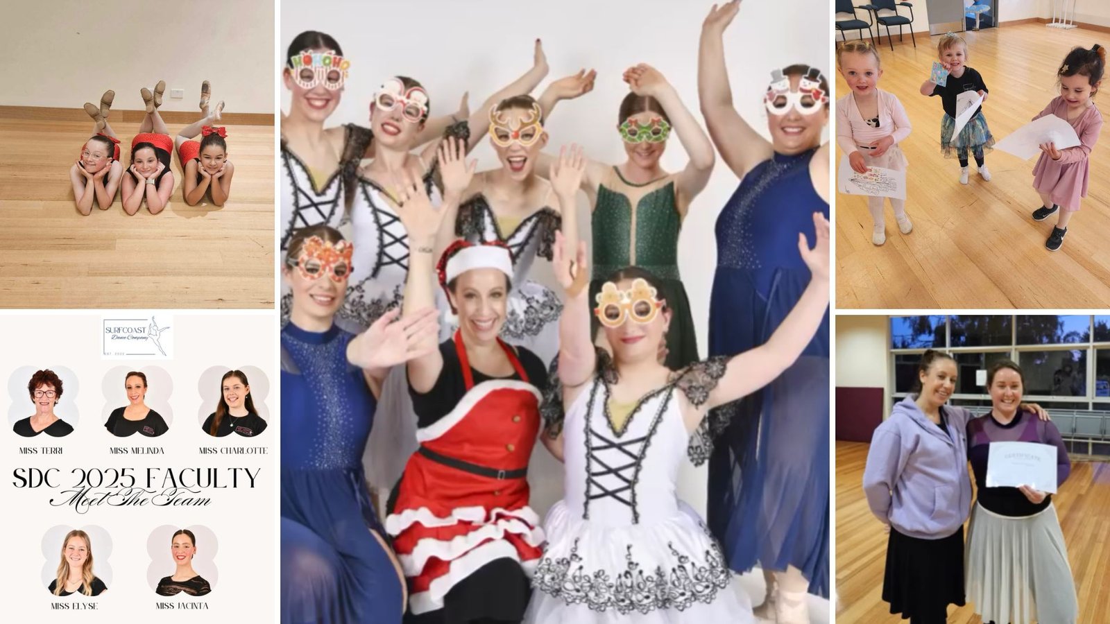 Collage showcasing Surfcoast Dance Company's community in Torquay: students in fun, celebratory attire, diverse happy faces, and faculty headshots, emphasising their welcoming approach to all.