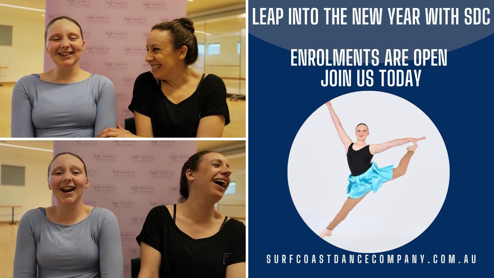 Emma's dance journey at Surfcoast Dance Company: a collage of Emma (left) and Miss Melinda (right) talking and laughing, beside a photo of Emma in a graceful dance pose.