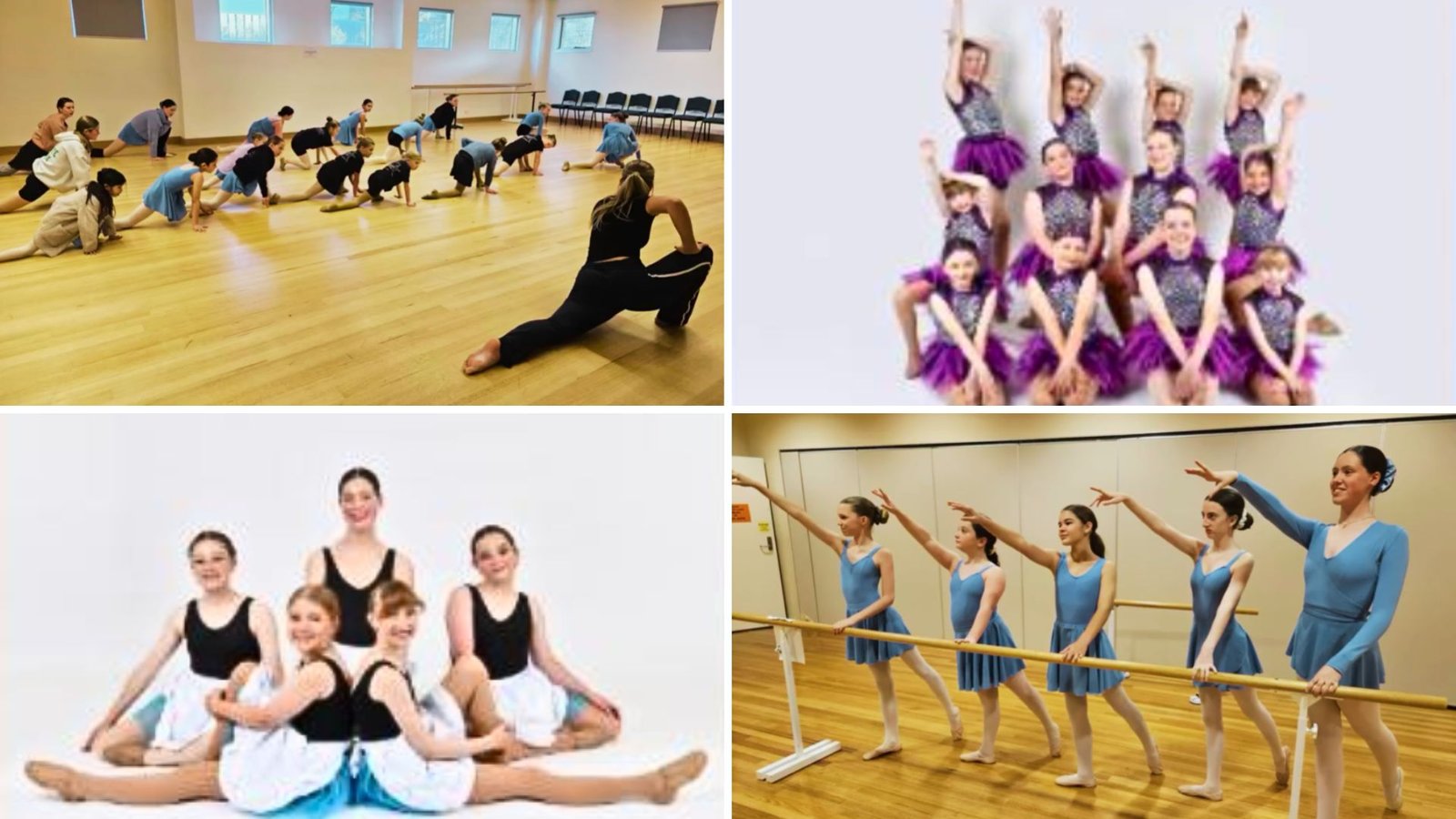Scenes from dance classes in Torquay at Surfcoast Dance Company: Miss Melinda with students on the floor, a line of dancers in a graceful pose, and young students stretching.