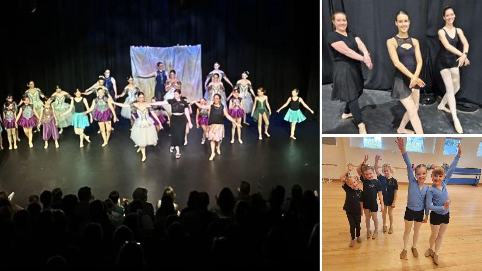 Collage of Surfcoast Dance Company in Torquay: stage performance with many dancers, young students in a group pose, and adults enjoying a dance class, illustrating inclusivity.