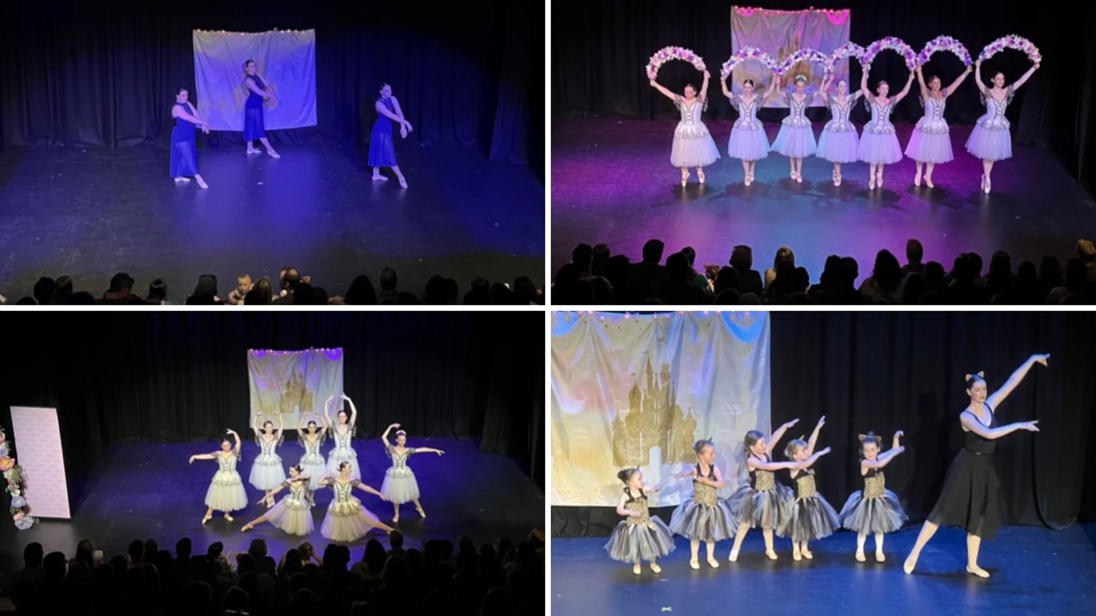 Collage of Surfcoast Dance Company students in Torquay performing on stage in various costumes and dance styles during a concert.