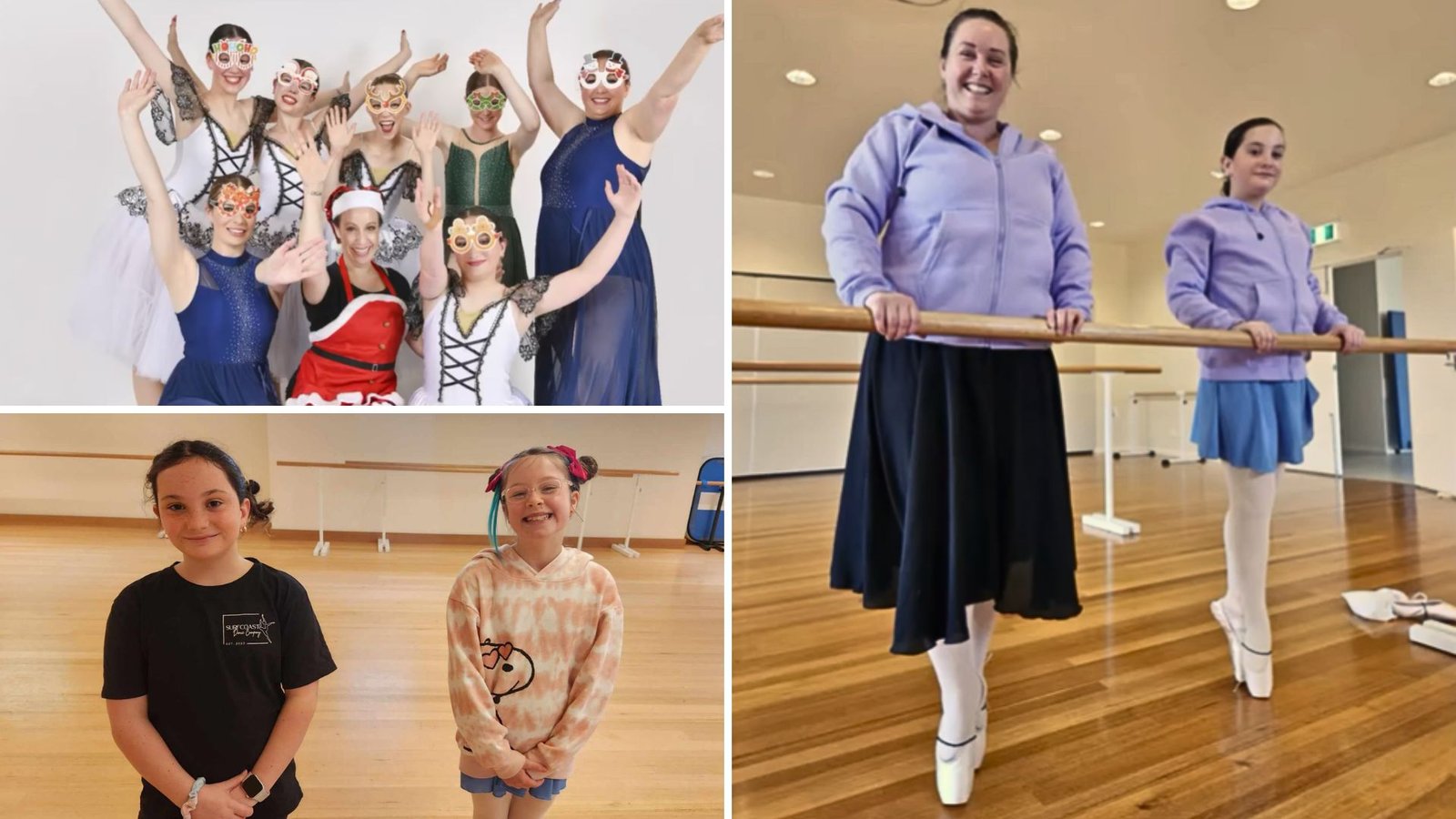 Students enjoying dance classes in Torquay at Surfcoast Dance Company: a group in a dance formation, two young children smiling, and Stella and Jess practising ballet together.