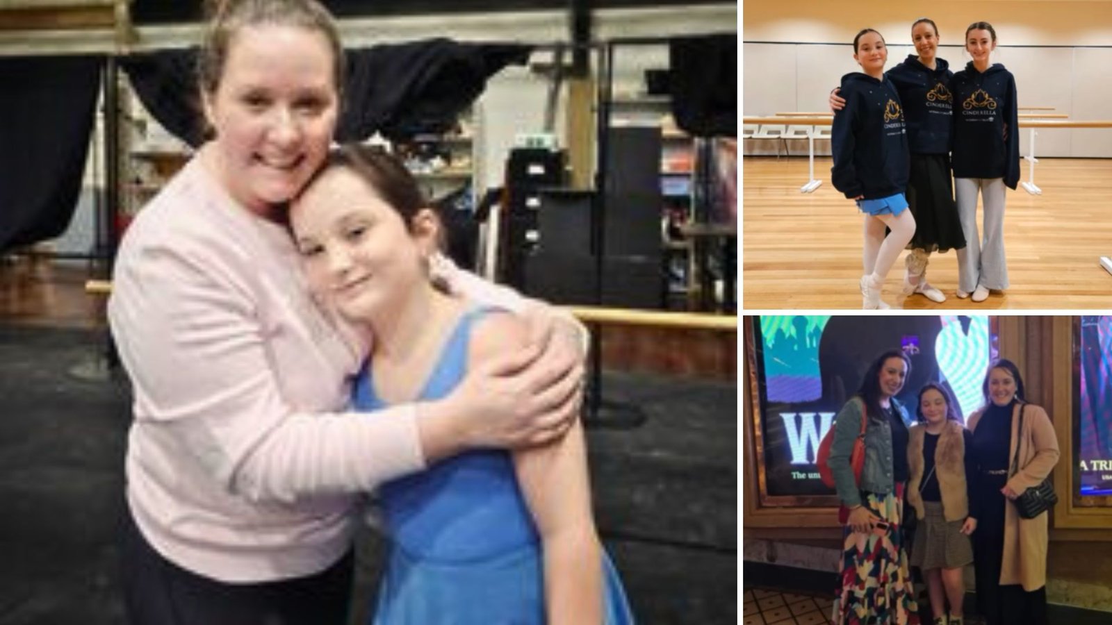 Stella and her mum Jess from Surfcoast Dance Company in Torquay, sharing a hug, with inset images of dance class activities, illustrating their family bond through dance.