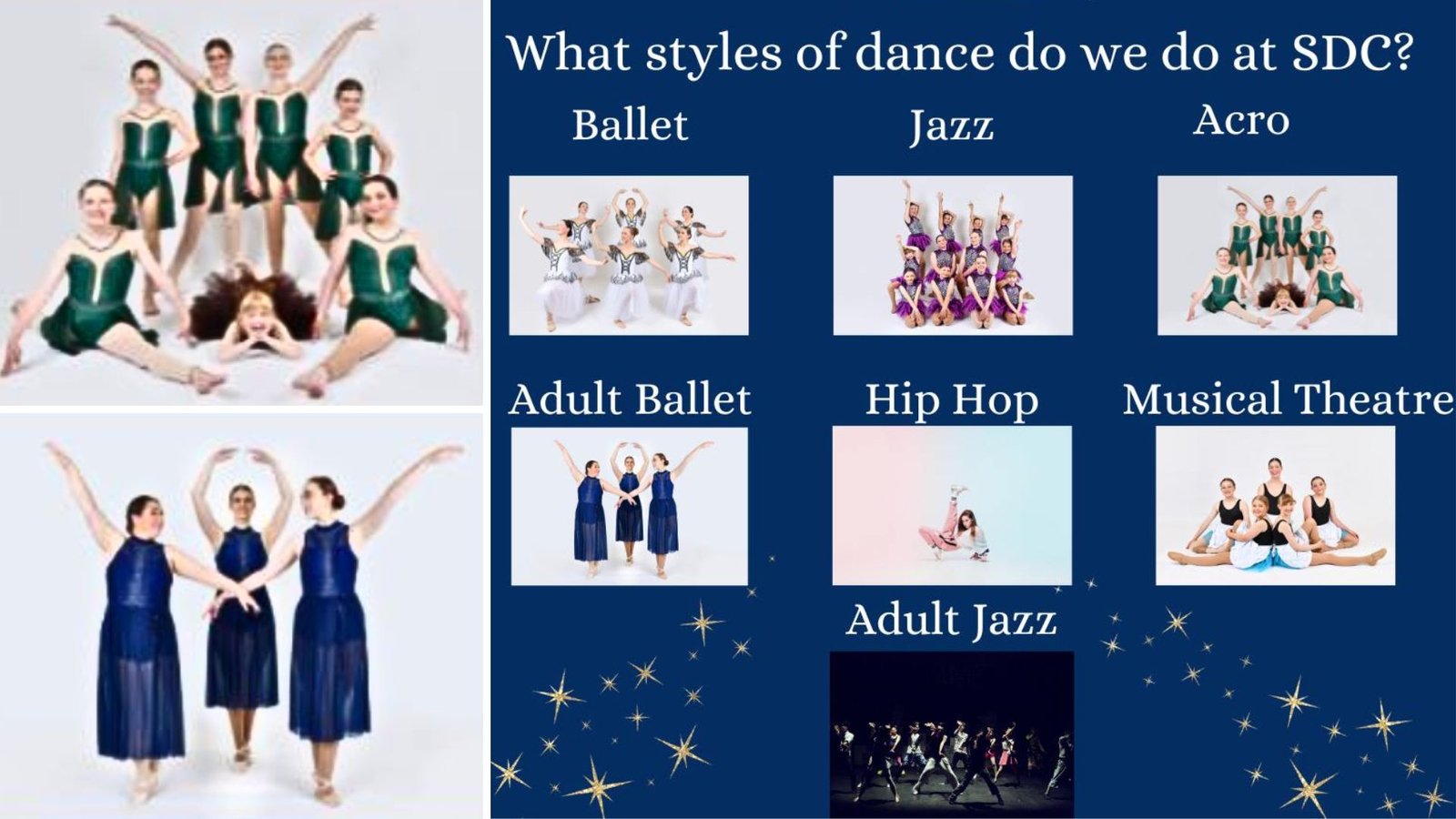 Collage displaying various dance styles at Surfcoast Dance Company, Torquay: images representing Ballet, Jazz, Acro, Adult Ballet, Hip Hop, Musical Theatre, and Adult Jazz classes.