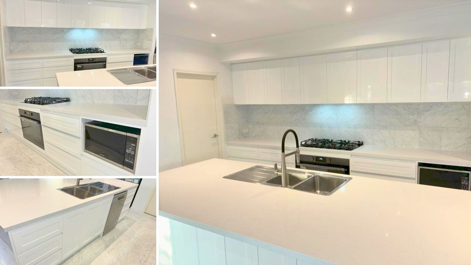 Collage showing a modern-style kitchen renovation in Torquay, featuring white- cabinets, island benchtop, and modern appliances.