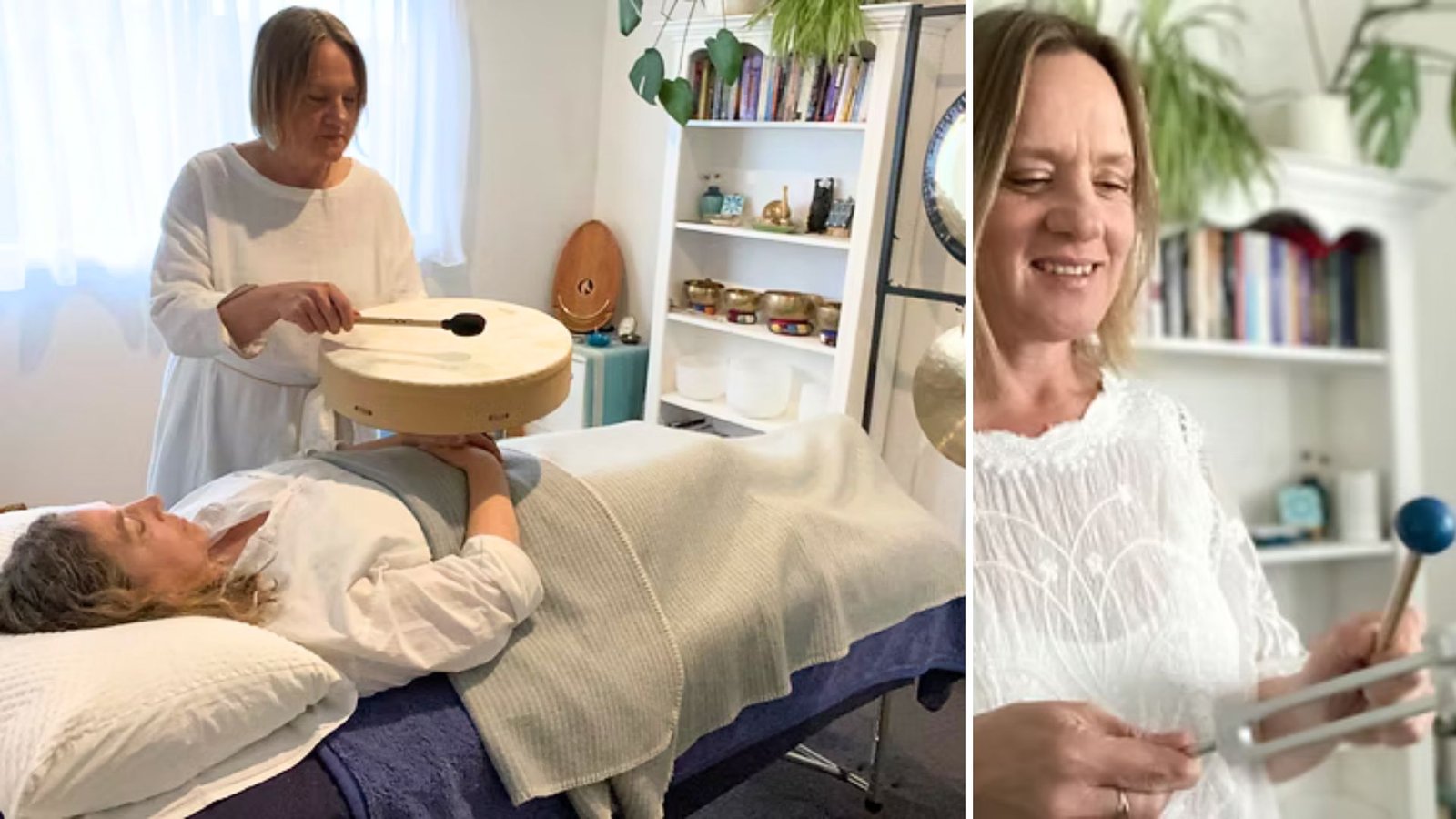Collage showing a one-on-one Sound Healing Torquay session with Lisa: on the left, she holds a drum over a client on a table; on the right, a close-up of her smiling and holding a tuning fork.