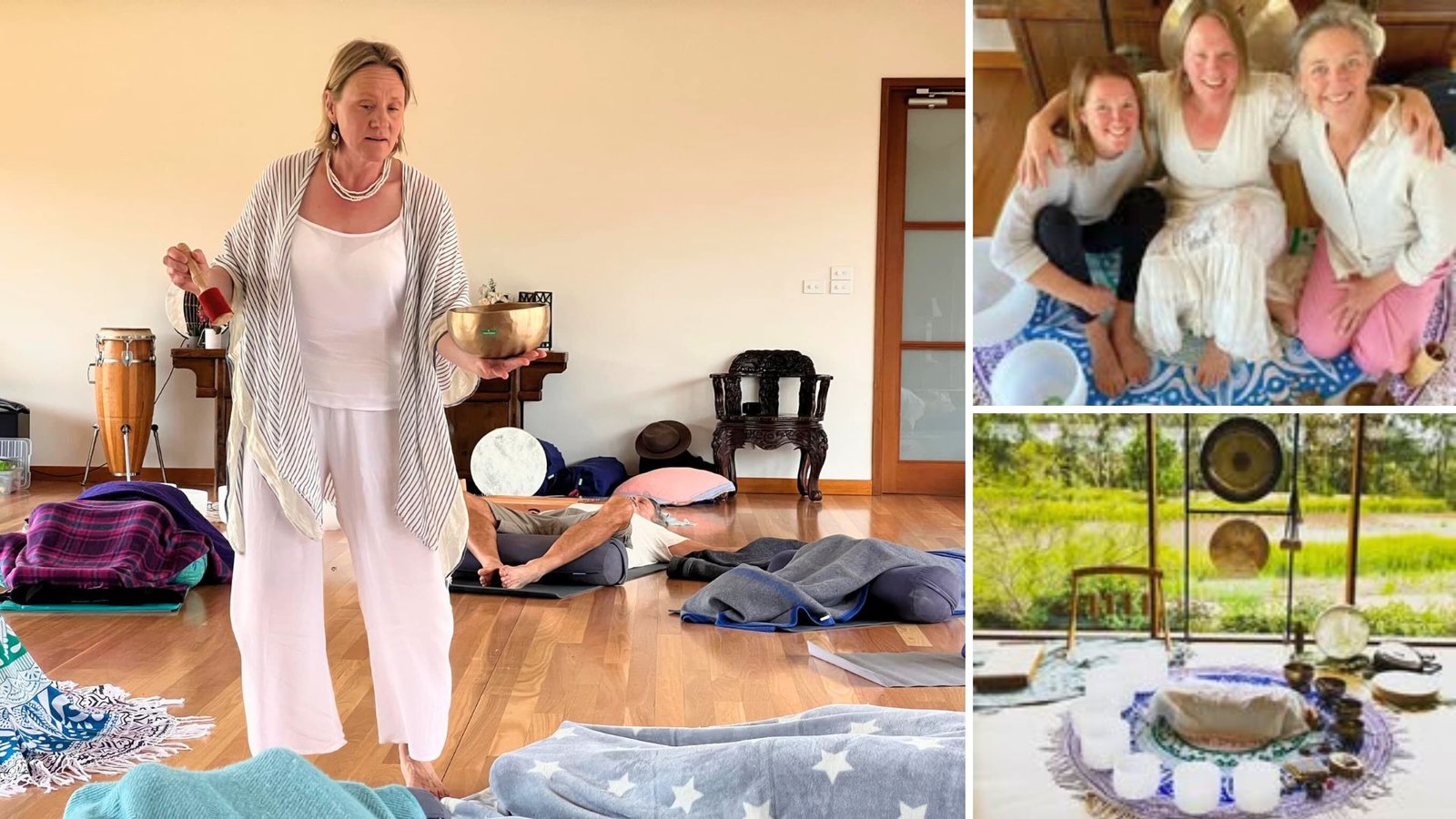 Collage of a group sound bath on the Surfcoast, showing Lisa leading the session, three women smiling together, and the tranquil instrument setup overlooking a garden.