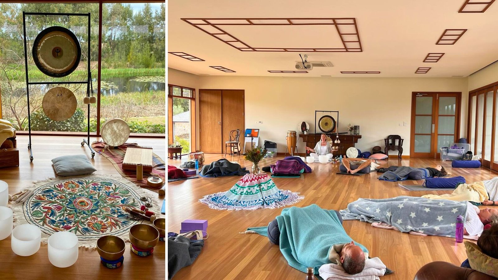 Collage of a group Sound Healing Torquay session: on the left, a setup of gongs and bowls by a window; on the right, participants lie relaxed on mats as Lisa facilitates.