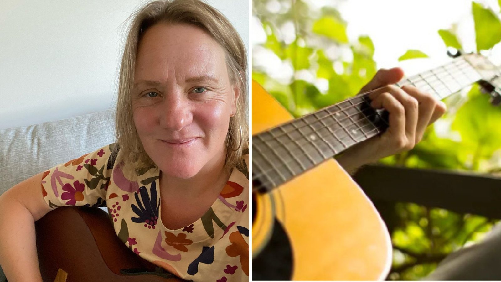 Collage showing Lisa, a passionate musician in Torquay. A portrait of her holding a guitar, and a close-up of hands playing a chord on the guitar fretboard.
