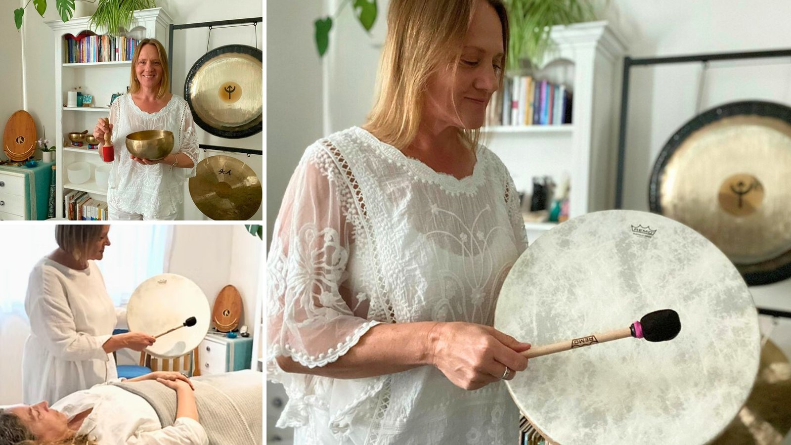 Collage of Lisa and her sound healing instruments in Torquay: Lisa smiling while holding a singing bowl, a close-up of her with a frame drum, and a view of her using the drum in a client session.