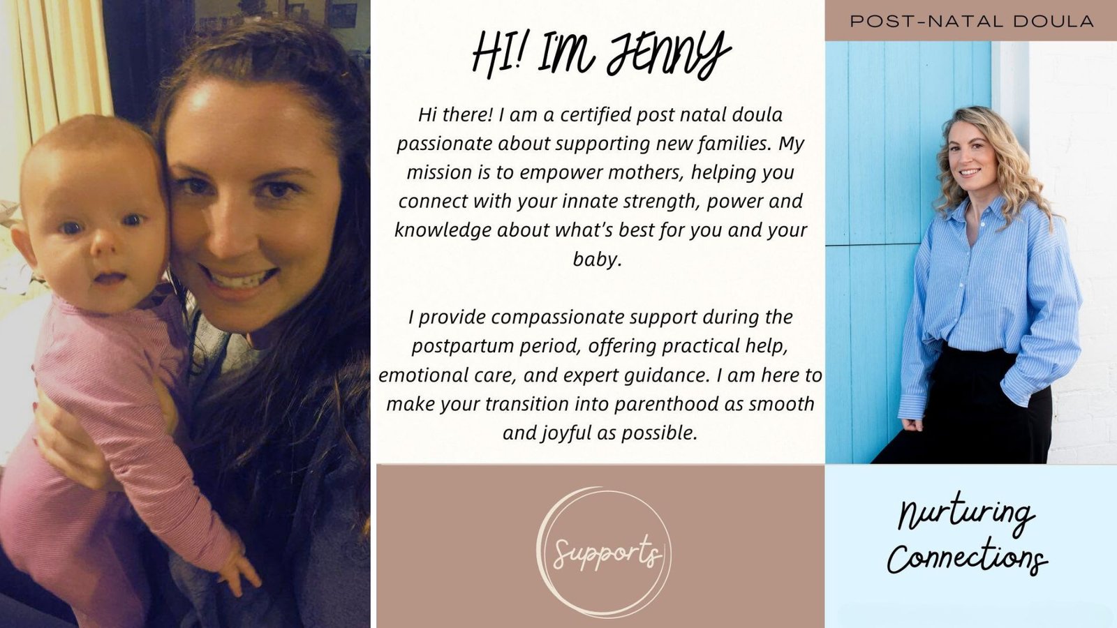 An introductory graphic for Nurturing Connections titled 'Hi! I'm Jenny', featuring a photo of Jennifer smiling while holding a baby on the left and a professional portrait on the right, accompanied by text detailing her mission to empower and support new mothers.