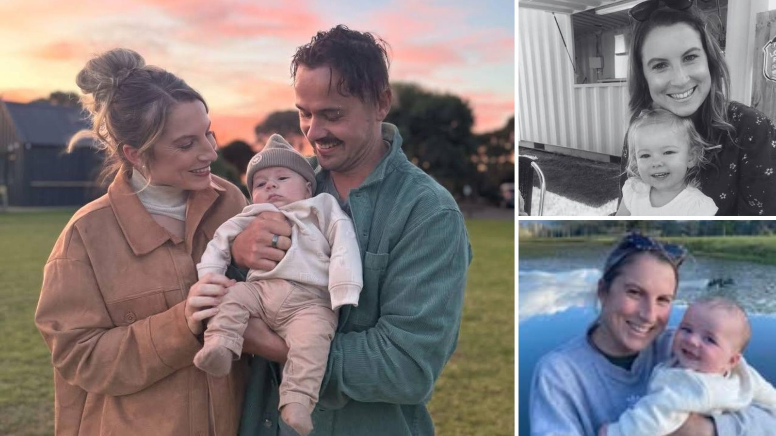 A collage highlighting family support: a mother and father smiling lovingly at their baby outdoors, a black and white portrait of Jennifer smiling with a toddler, and Jennifer happily holding a baby near a lake.