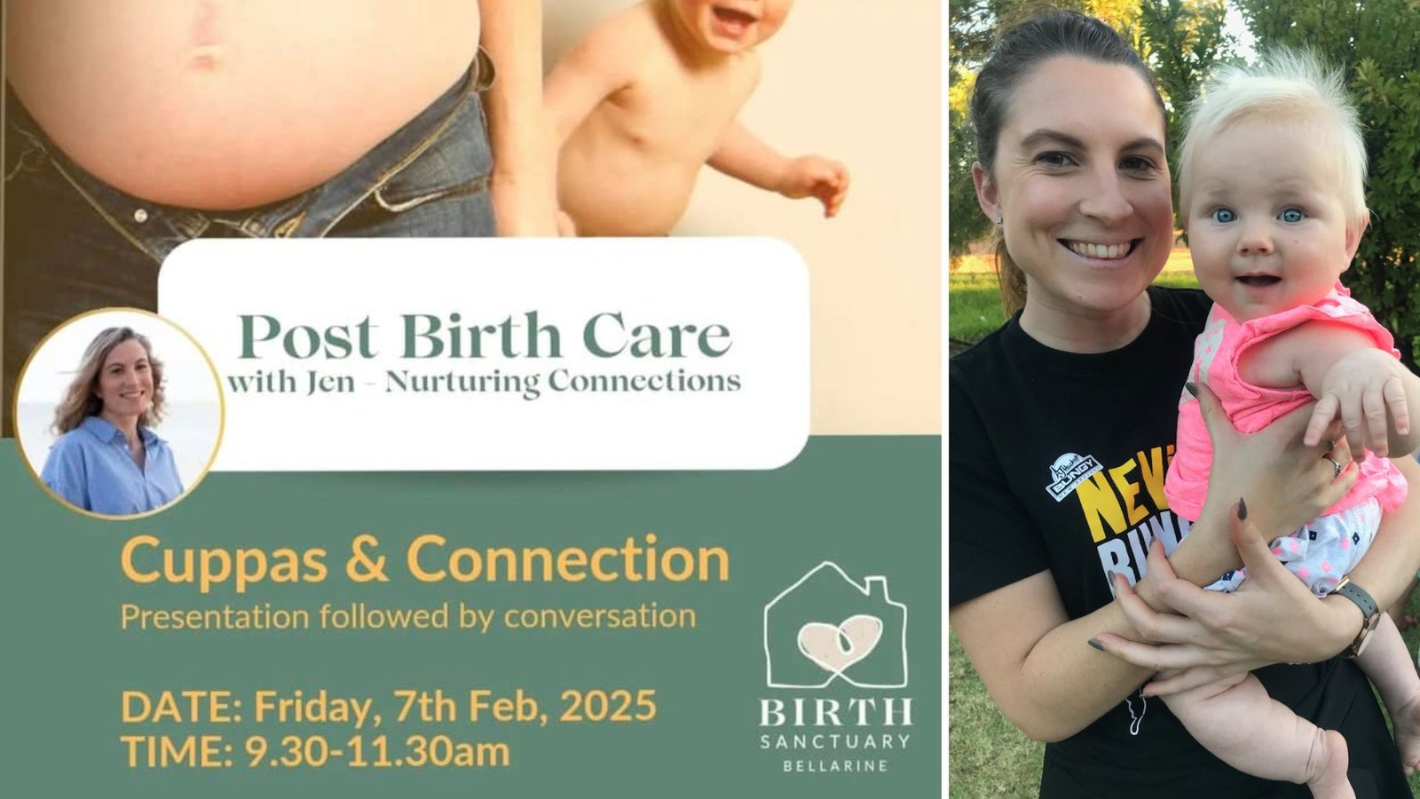 A split image showing a promotional graphic for a Cuppas and Connection post-birth care event with Jennifer on the left, and a casual photo of Jennifer smiling while holding a young baby outdoors on the right.