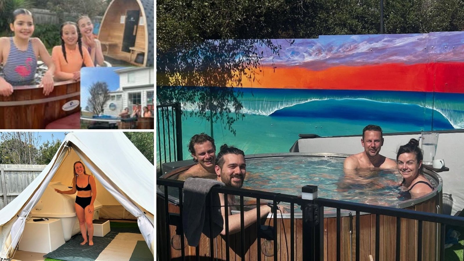 Collage showing wellness facilities: three children smiling in a wooden hot tub, a woman standing next to a white float tank inside a tent, and four adults relaxing in the hot tub in front of a colourful painted ocean mural.