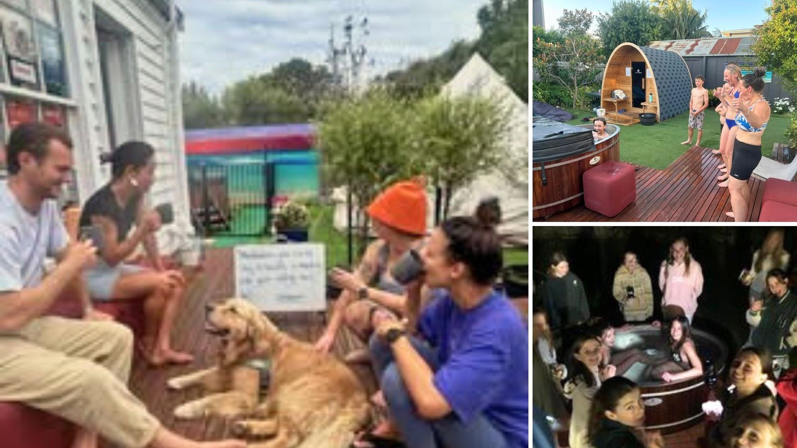 Collage of a community wellness space in Torquay: a group relaxing on a deck with a dog, people enjoying an outdoor hot tub by a sauna during the day, and a group of girls smiling in the hot tub at night.