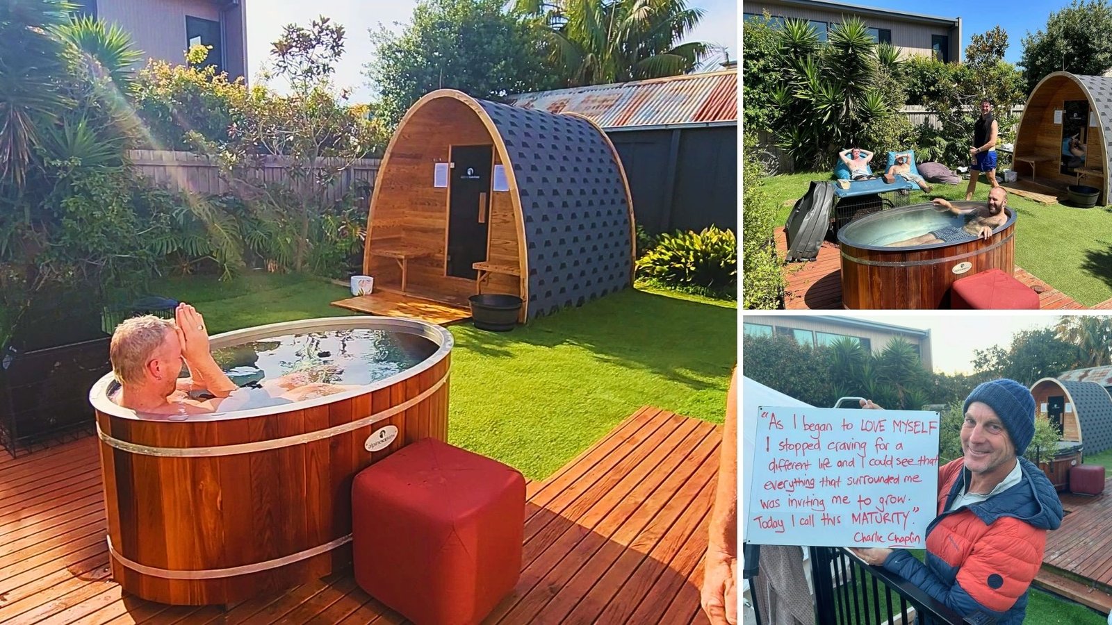Collage showcasing an outdoor wellness area in Torquay: a man focused in a wooden ice bath, members relaxing near a barrel sauna, and founder Tim Altman smiling while holding an inspirational quote board.