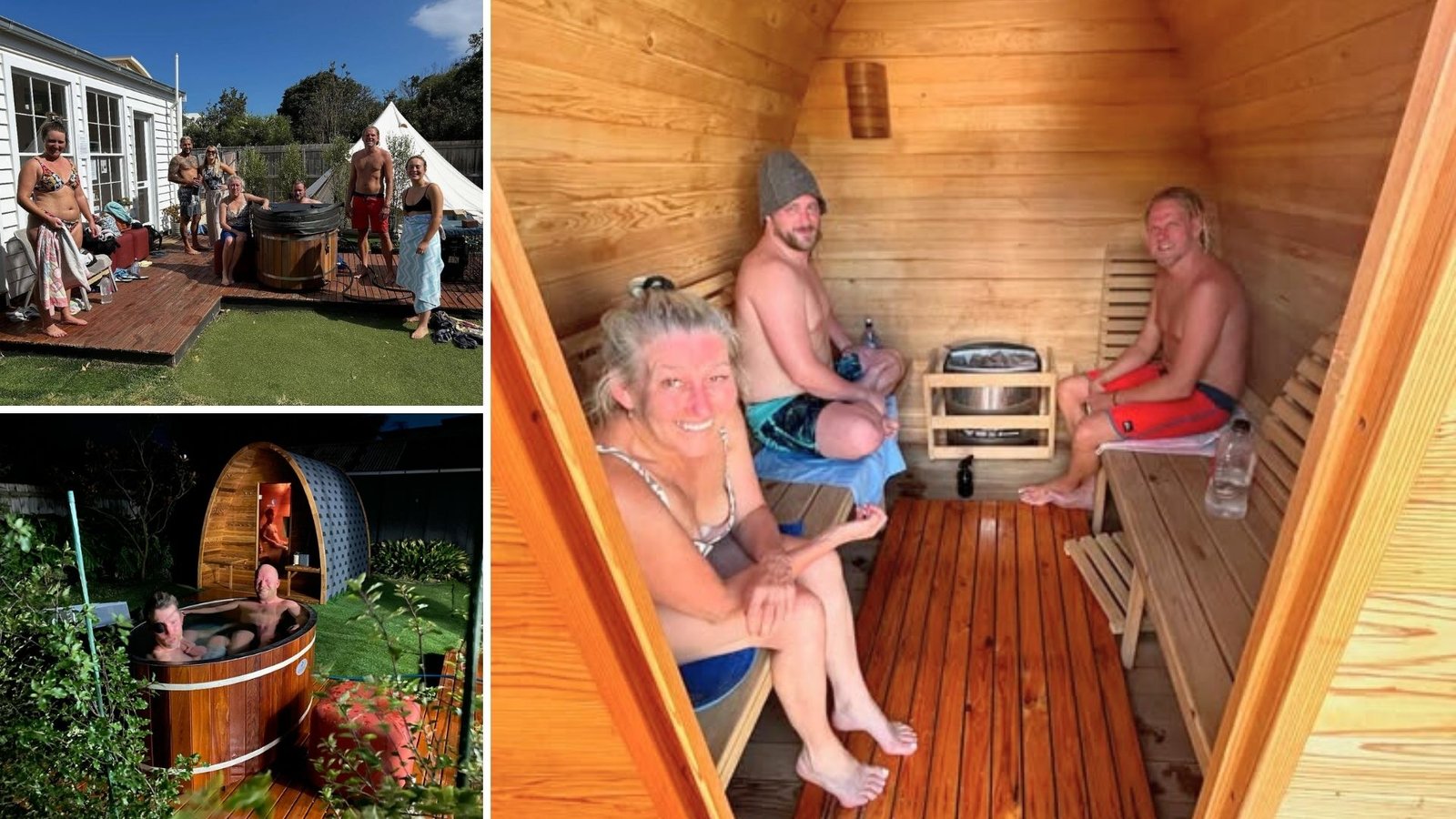 Collage of a community wellness space: three smiling people inside a wooden sauna, a group of friends relaxing on an outdoor deck during the day, and two men enjoying a hot tub at night next to a lit sauna.