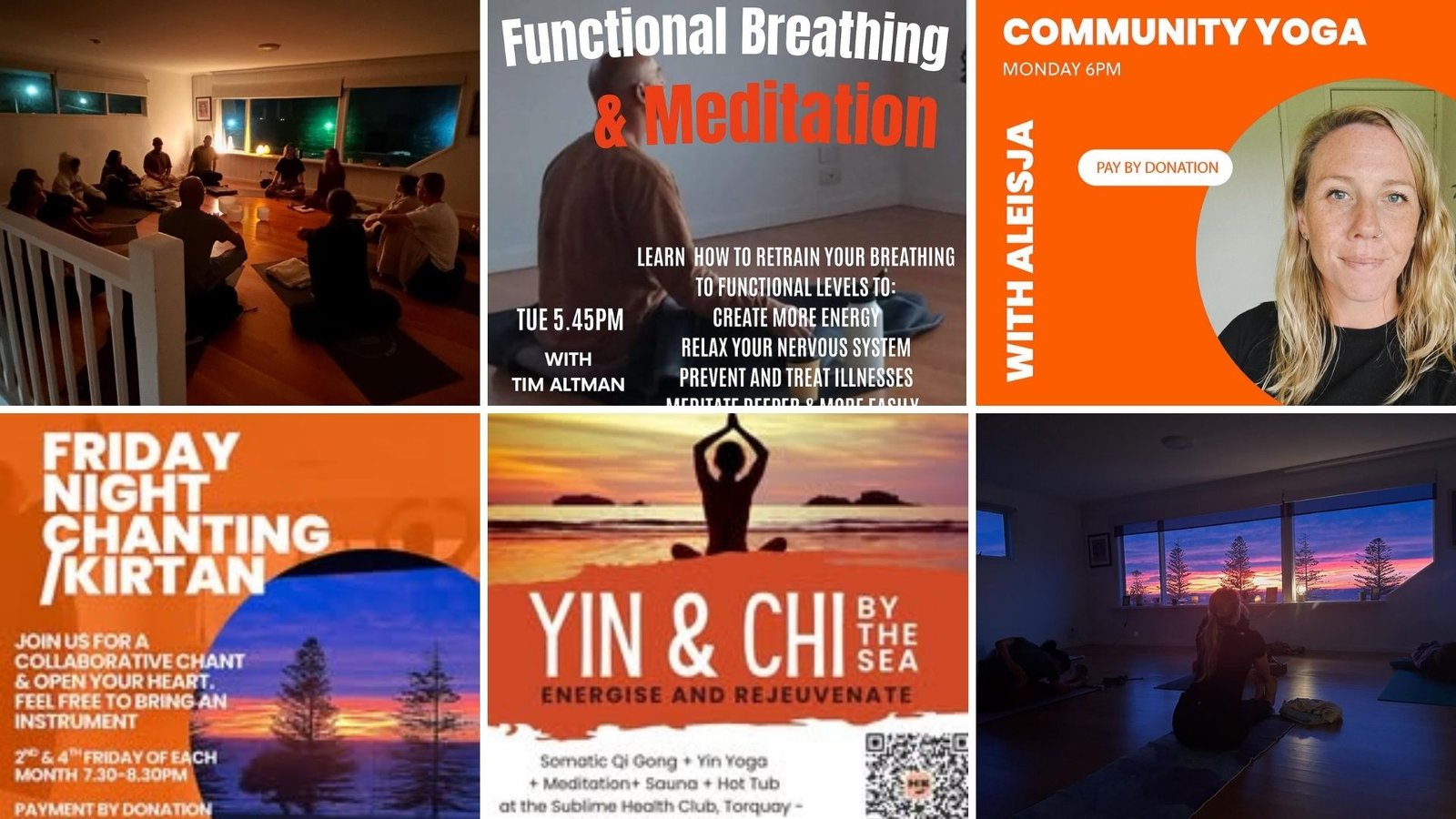 Collage of studio wellness activities: a group sitting in a dimly lit studio with ocean views, a promo for Tim Altman teaching functional breathing, a portrait of yoga teacher Alejsa Henry, a Friday night chanting event tile, a Yin and Chi event tile, and a person stretching in the studio at sunset.