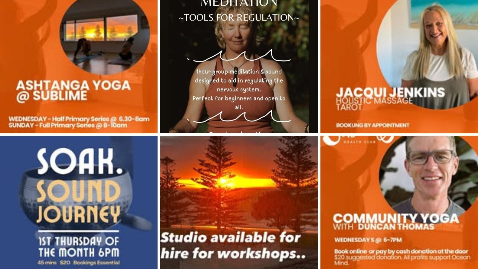 Collage of wellness class promotions at Sublime Health Club: tiles for Ashtanga Yoga, a woman meditating, practitioner Jacqui Jenkins offering massage and tarot, a sound journey event, a sunset view for studio hire, and community yoga with Duncan Thomas.